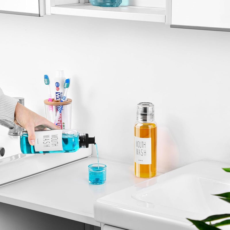 VITVITI Glass Mouthwash Dispenser for Bathroom, 10 OZ Mouth Wash Container Bottle with Lid Cup, Countertop Small Clear Refillable Mouthwash Dispensers Decanter, Set of 2 (Black) - Image 5